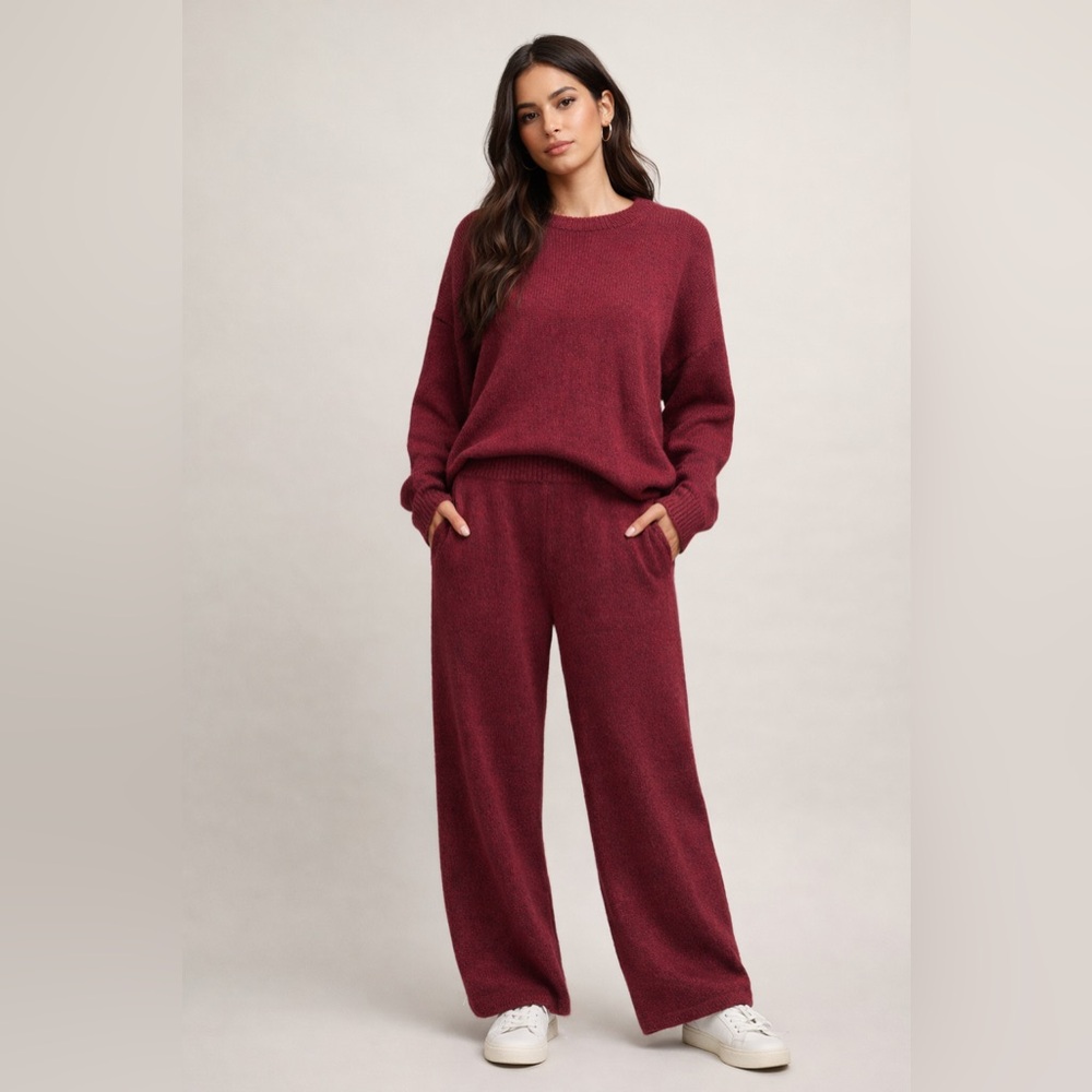 State of Day Maraschino Heather Knit Sweater Pants Lounge Set M NWT